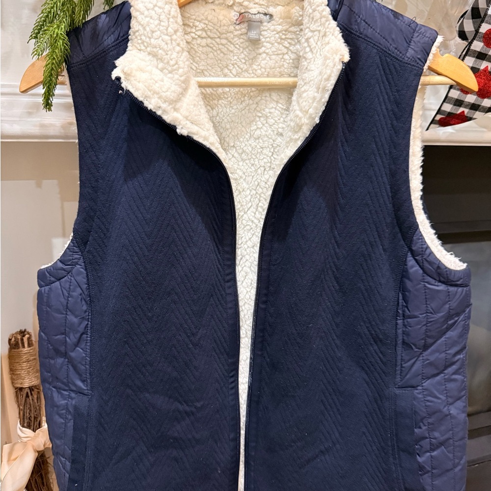 Talbots Cream Sherpa Lined Navy Zip-Up Vest